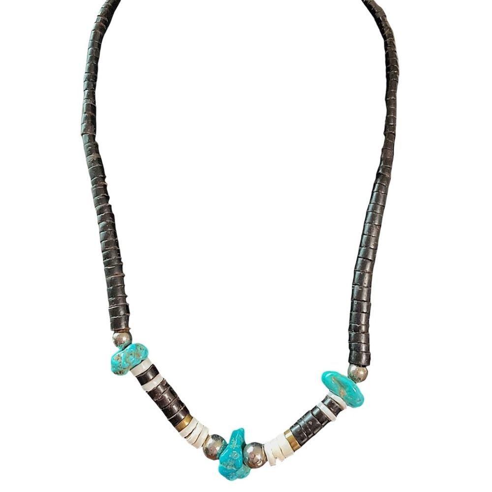 Vintage Turquoise and Coconut Shell Heishi Beaded Southwest Necklace